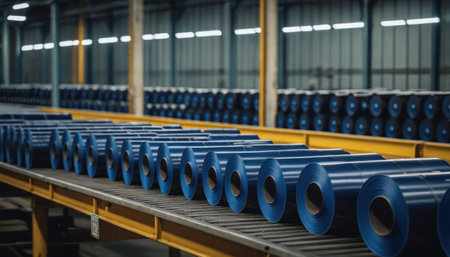 Rolls of blue plastic pipes on a conveyor belt in a factoryの素材