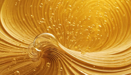 golden oil background macro close up with water droplets and bubblesの素材