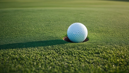 Golf ball on green grass ready to be shot at golf courseの素材