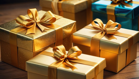 Gift boxes with golden bows on wooden background. Close up.の素材