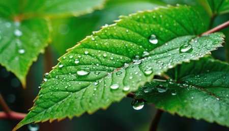 Water drops on green leaf after rain. Close up. Nature backgroundの素材