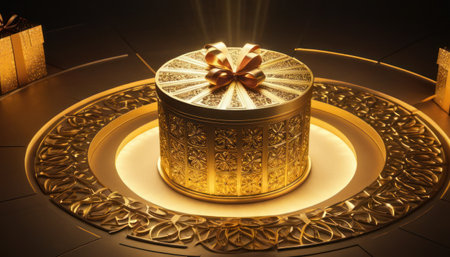 Gift box with a bow on the background of the stage.の素材