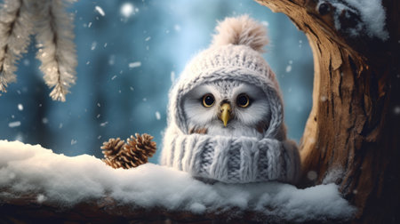 Cute owl in a hat and scarf on a winter background.の素材
