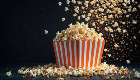 Popcorn flying in a striped box on a black background with copy spaceの素材