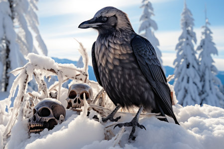 Halloween crow sitting on a skull in the snow with winter backgroundの素材