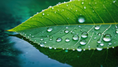 Water drops on green leaf. Nature background. Selective focus.の素材