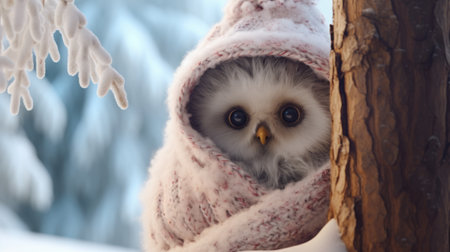 Owl in winter clothes on a background of snow-covered treesの素材