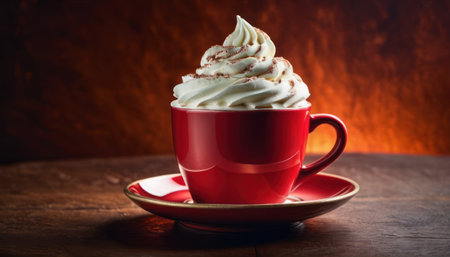 Cup of coffee with whipped cream on wooden table and dark backgroundの素材
