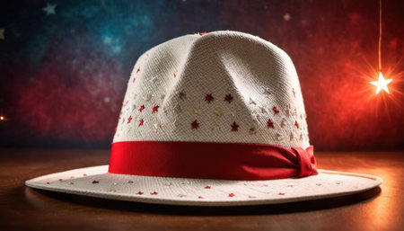 White hat with red ribbon and stars on wooden table against dark backgroundの素材