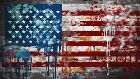 American flag painted on old wooden wall. Abstract grunge background.の素材
