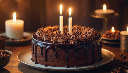 Chocolate cake with chocolate frosting and burning candles on wooden tableの素材