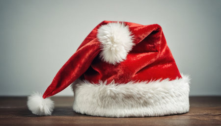 Santa Claus red hat on wooden table in front of gray wall backgroundの素材