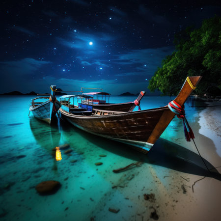 Fishing boat on the beach at night with the starry skyの素材