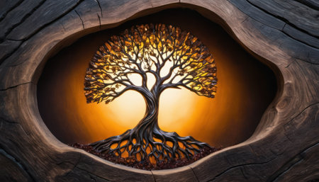 3d rendering of a tree in a hole made of old woodの素材