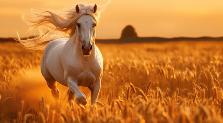 White horse with long mane running on golden wheat field at sunsetの素材