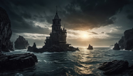 Fantasy seascape with ancient temple in the sea at sunsetの素材