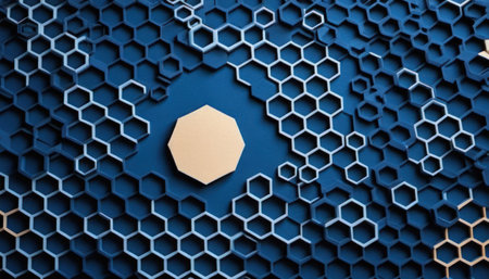 Abstract 3d rendering of geometric composition with hexagons. Design background.の素材