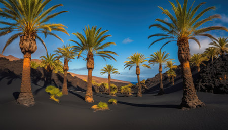 Palm trees in the desert of Lanzarote, Canary Islands, Spainの素材