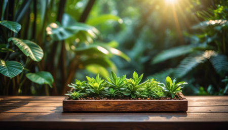 Plant in pot on wooden table with nature background, stock photoの素材