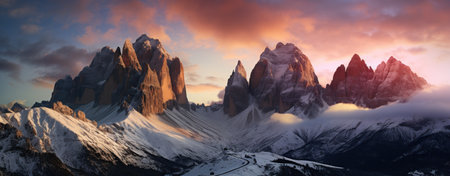 Panoramic view of the Dolomites mountains at sunrise, Italyの素材
