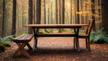 Wooden table and benches in the autumn forest. Selective focus.の素材