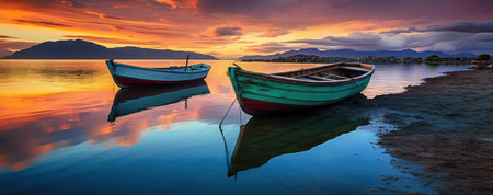 Fishing boats on the shore at sunset, Dalmatia, Croatiaの素材