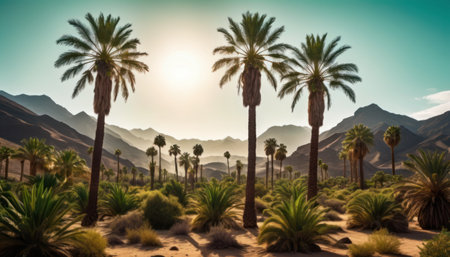 Palm trees in the desert at sunset. 3d rendering.の素材