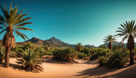Beautiful oasis with palm trees and mountains in the background.の素材