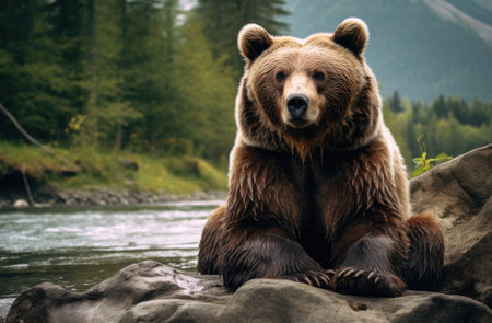 Brown bear sitting on a rock by the river in the forest.の素材