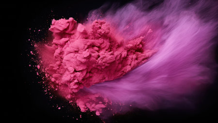 Pink powder explosion isolated on black background. Colorful cloud of dust.の素材