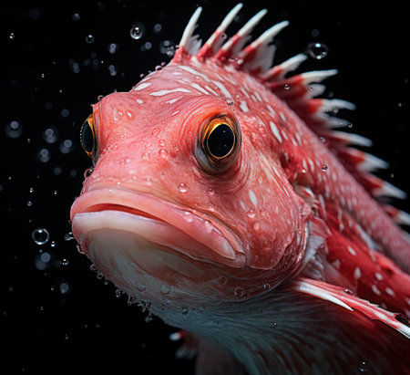 Red fish with water drops on a black background. Close-up.の素材