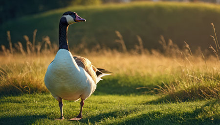 Goose standing on a green meadow in the sunlight at sunsetの素材