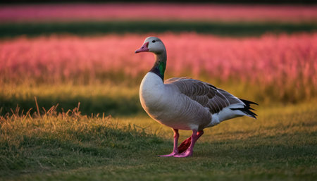 A greylag goose, Anser anser, standing in a field of pink flowers in the Netherlands.の素材