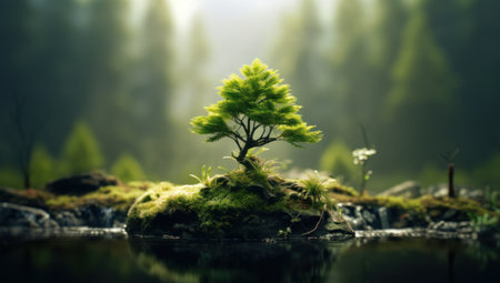 Small tree growing on mossy rock in the forest. Nature conceptの素材