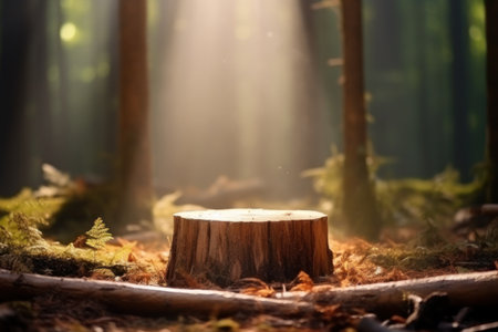 Wooden stump in the forest with sunbeams and fog.の素材
