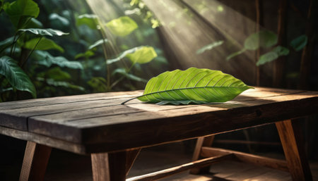 Wooden table with green leaf and sunlight in the morning, vintage toneの素材