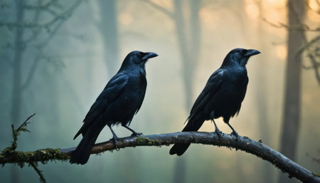 Two black ravens on a tree branch in the foggy forestの素材