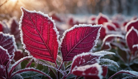 Close-up of red leaves covered with hoarfrost in winterの素材