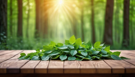 Wooden table with green leaves and sunbeams in the forestの素材