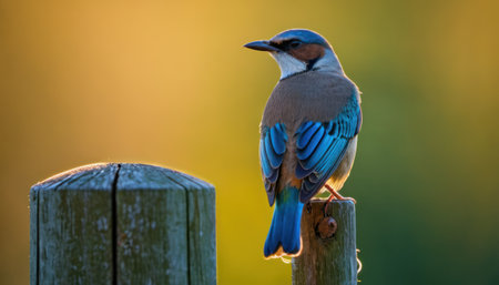 Eurasian jay (Garrulus glandarius) perched on a fence postの素材