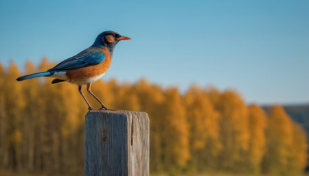 Bluebird sitting on a post in front of a colorful autumn forestの素材