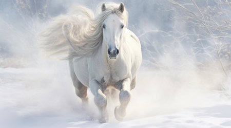 White horse gallops in the snow in the winter forest. Long-haired stallion.の素材
