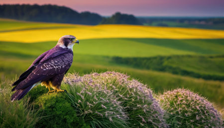 Birds of prey on a meadow with flowers in the backgroundの素材