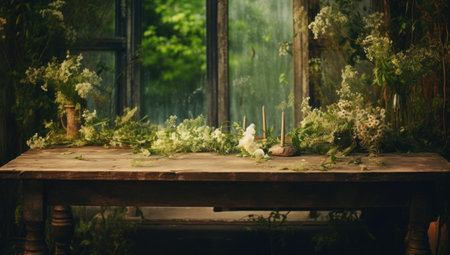 Beautiful vintage wooden table with flowers and vase on the windowsillの素材