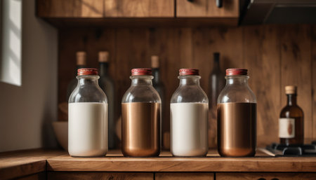 Bottles of milk on wooden table in kitchen, closeup. Space for textの素材