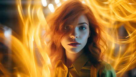beautiful redhead girl looking at camera with blurred lights in backgroundの素材
