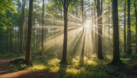 Sun rays shining through trees in the forest - panoramic viewの素材