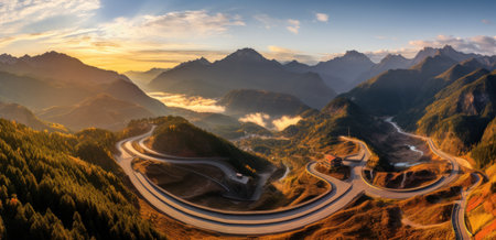 Panoramic view of the road in the mountains at sunset.の素材