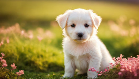 Adorable white puppy sitting on the green grass in the park.の素材