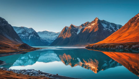 Mountain landscape with lake and reflection of snowcapped peaks at sunsetの素材